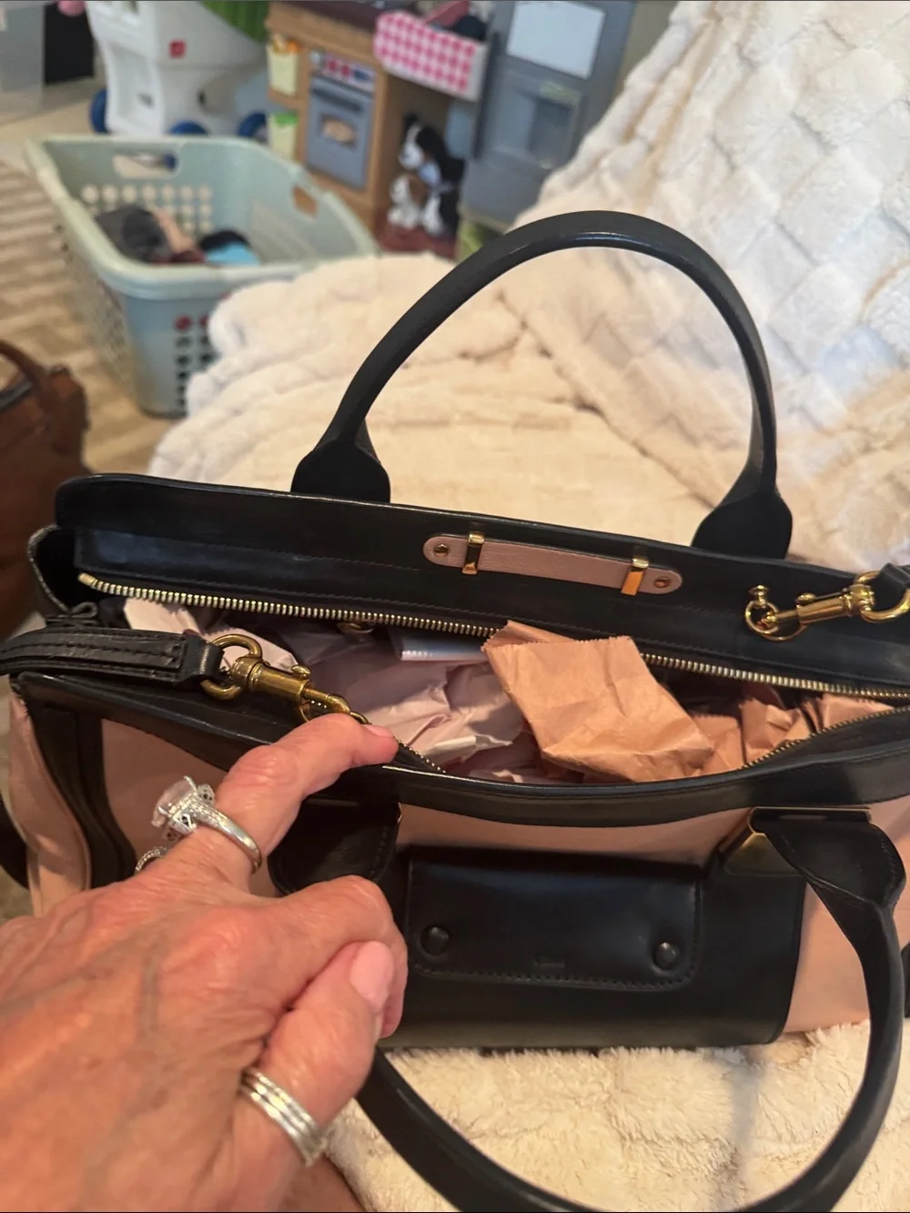 Chloe Black and Blush Pink Leather Satchel with shoulder strap.